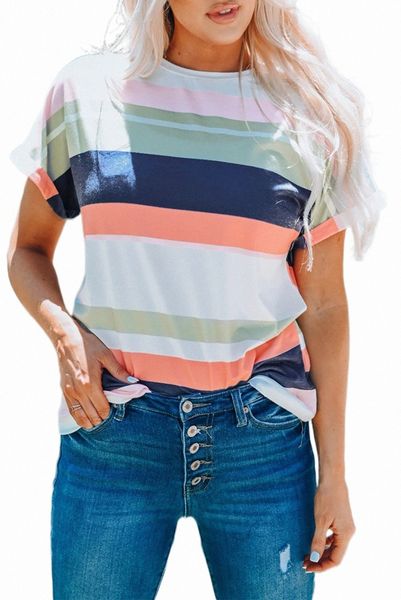 

striped cotton blend short-sleeved 2023 new 62zf#, White