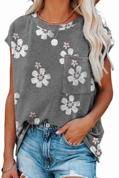 

gray floral cap sleeve t-shirt with pocket 2023 new o8wq#, White