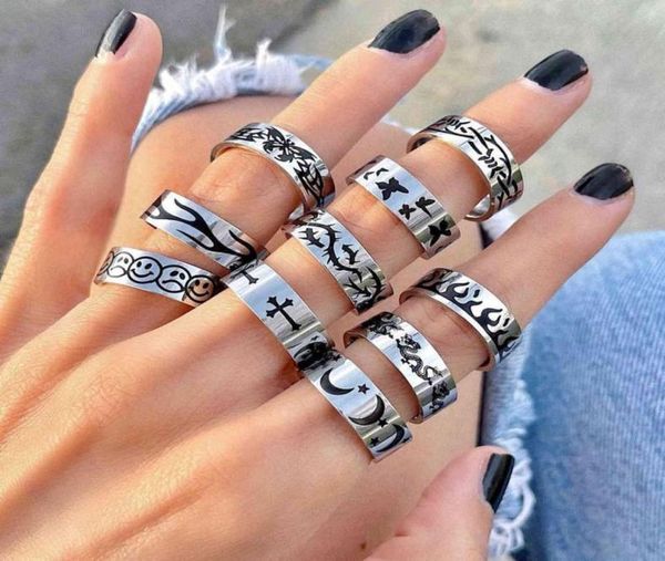 

new ins hiphop punk stainless steel butterfly flame ring vintage gothic star cross rings for women men couple fashion jewelry9141204, Silver