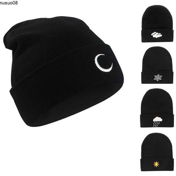 

beanie/skull caps winter hip hop hat knitted hat creative beanies weather embroidery knit skullies caps sun moon snowflake cloud korean blac, Blue;gray