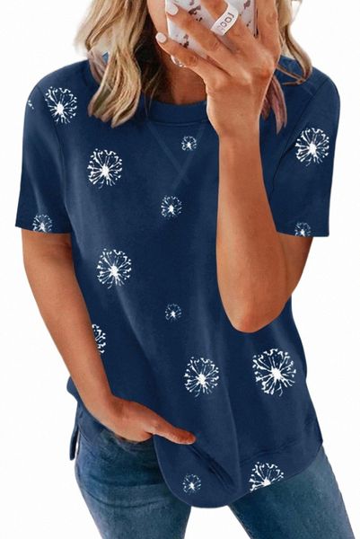 

blue dandelion print crew neck t-shirt 2023 new u6rq#, White