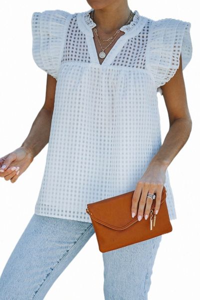 

white grid pattern ruffled shoulder 2023 new 78dw#