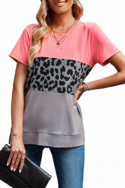 

leopard print color block short sleeve t-shirt c1bd#, White