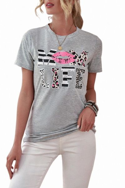 

leopard mom life lips gray t-shirt 2023 new o0mz#, White