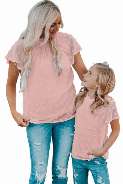 

blush pink ruffled sleeve swiss dot t-shirts 47em#, White