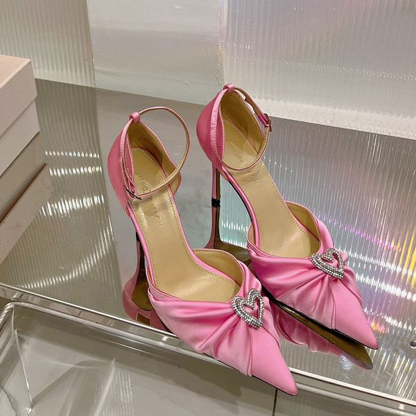 

triple heart sandal mach satin ankle-strap pumps evening shoes crystal heart stiletto heel diamond chain decoration women designer party dre, Black