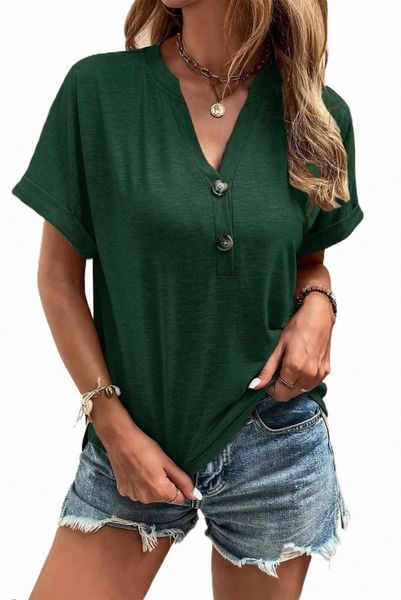

green button v neck rolled short sleeve t shirt b3ho#, White