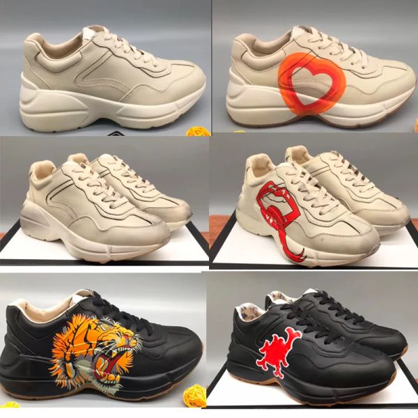 

rhyton vintage leather sneakers mens designer shoes womens casual shoes classic white leather thick sole vintage trainer gg''sneak, Black