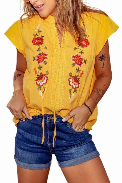 

yellow floral embroidered flutter sleeve h5r1#, White