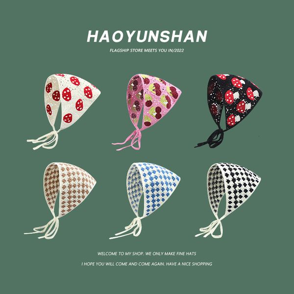 

hair rubber bands korean ins cute little mushroom cherry hairband handcrocheted hollow triangle scarf japanese retro bandage hood cap headba, Pink