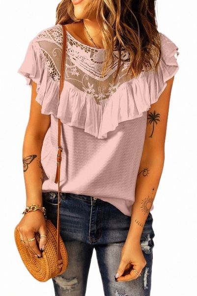 

pink lace splicing ruffled short sleeve t-shirt z59w#, White