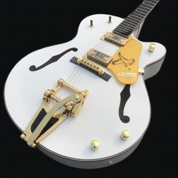 

custom 335 white semi hollow body jazz electric guitar engraved lyre long vibrola maestro tremolo tailpiece, red pearl pickguard, 5 way swit