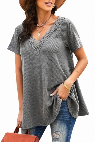 

gray lace crochet waffle knit ruffled v neck b34y#, White