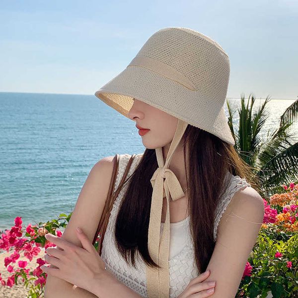 

wide brim hats new fashion summer sunscreen hat women's korean bucket hat hollow out fisherman basin hat outdoor knitted sun shield hat, Blue;gray