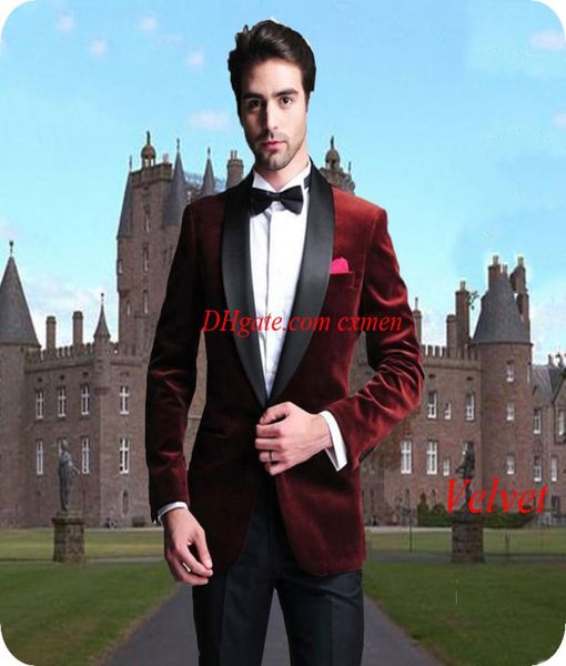

smoking jacket burgundy velvet men suits for wedding black shawl lapel custom made slim fit groom tuxedos 2piece costume homme pro3219756, Black;gray