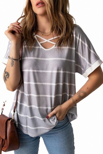 

gray striped criss cross short sleeve 2023 new 27qd#, White
