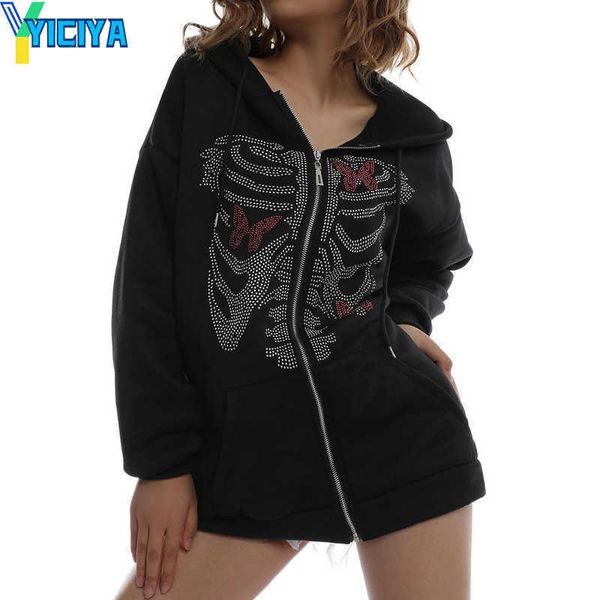

yiciya women's hoodies sweatshirts feminino gothic hoodies casual manga longa cardigan outono inverno casacos moda strass borboleta crn, Black
