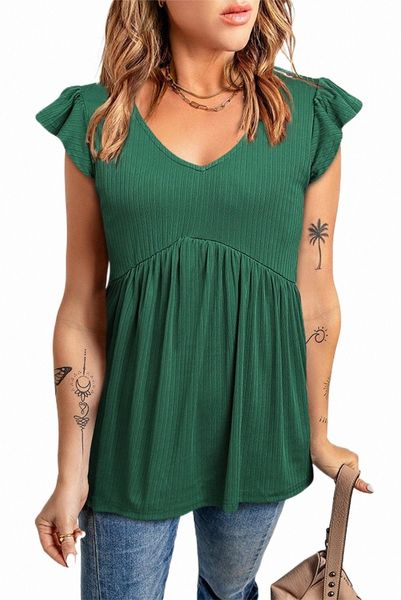 

green ribbed flounce sleeve v neck babydoll h60z#, White