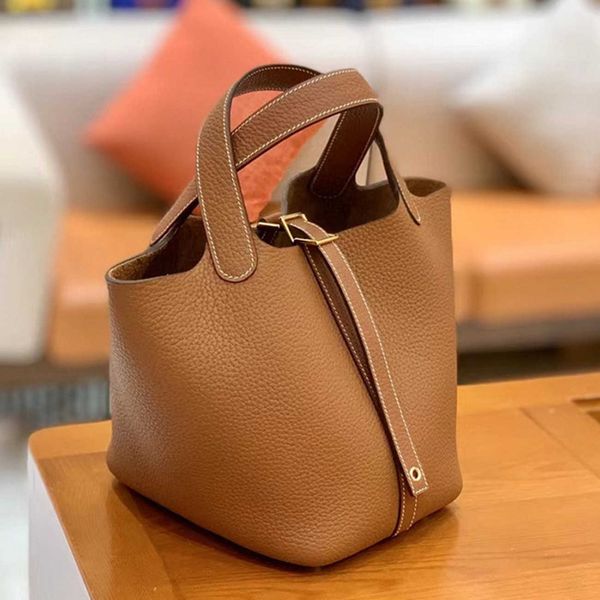 

no box gaoding handmade wax line vegetable basket bag leather togo cowhide bucket bag handle litchi pattern large capacity bag