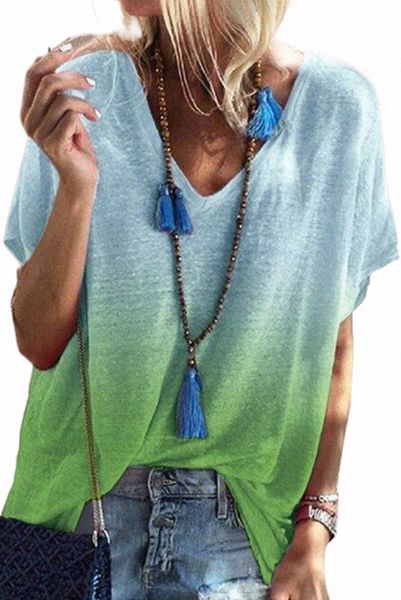

green gradient color print v neck short sleeve t shirt a7xo#, White