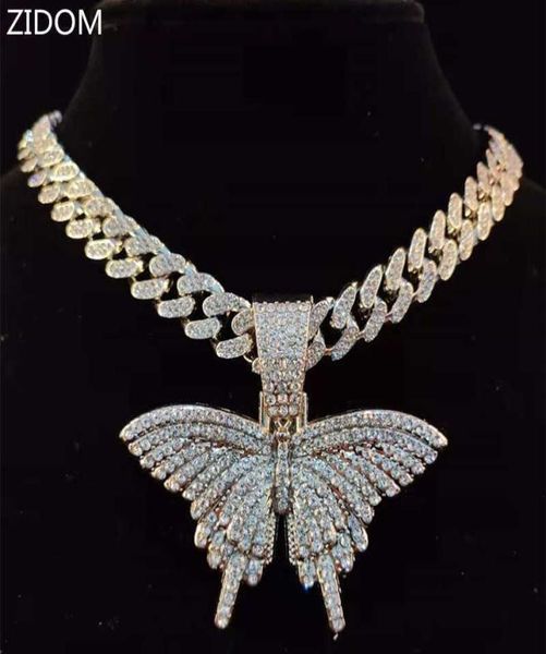 

men women hip hop butterfly pendant necklace with 13mm miami cuban chain iced out bling hiphop necklaces fashion charm jewelry x075885751, Silver