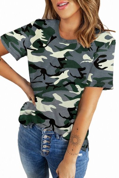

multicolor crew neck camo side split t-shirt a86d#, White