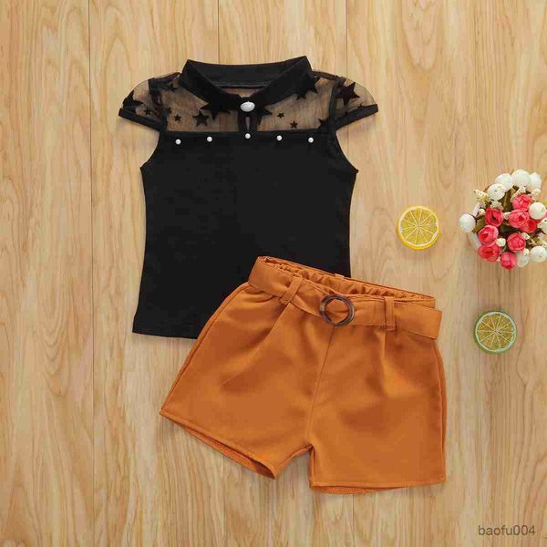 

clothing sets kids baby girls clothes sets see-through mesh star print solid color shorts with belt 3pcs girl summer outfits 1-5y r230518, White