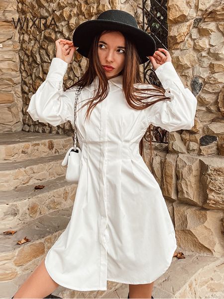 

basic casual dresses wixra women shirt dress turn down collar lantern sleeve a line high street casual femme mini dress summer spring 230518, Black;gray