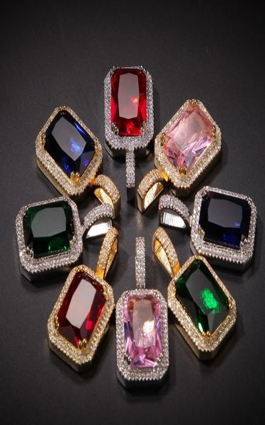 

iced cubic zirconia pink blue green red square stone ruby pendant necklace for men women hip hop jewelry4036258, Silver