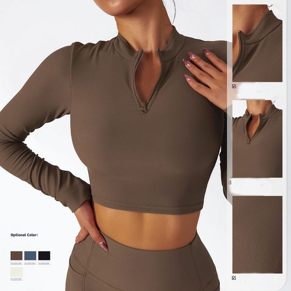 

wholesale custom logo fitness crop for women high neck long sleeve front zip long sleeve shirts for sports