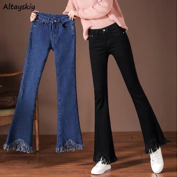 

jeans flare jeans women tassel ripped korean style ins trendy casual slim ulzzang female bottom denim spring autumn hipster streetwear, Blue