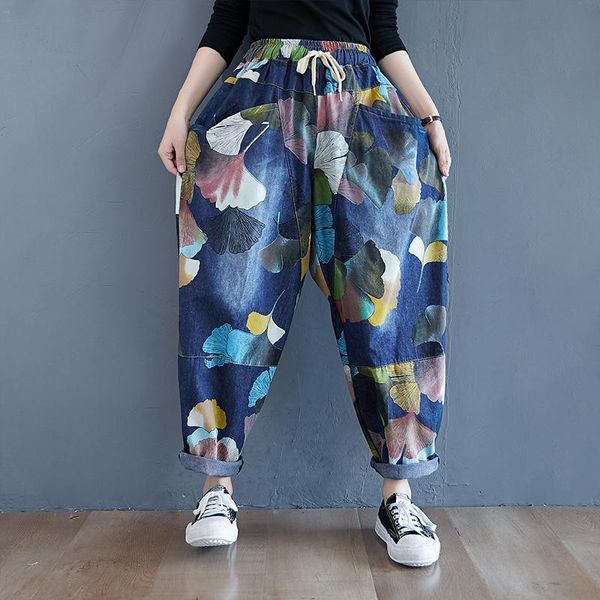 

jeans ginkgo leaves high waist spring casual denim jeans korea style washed denim jeans harem pants fashion women autumn winter jeans, Blue