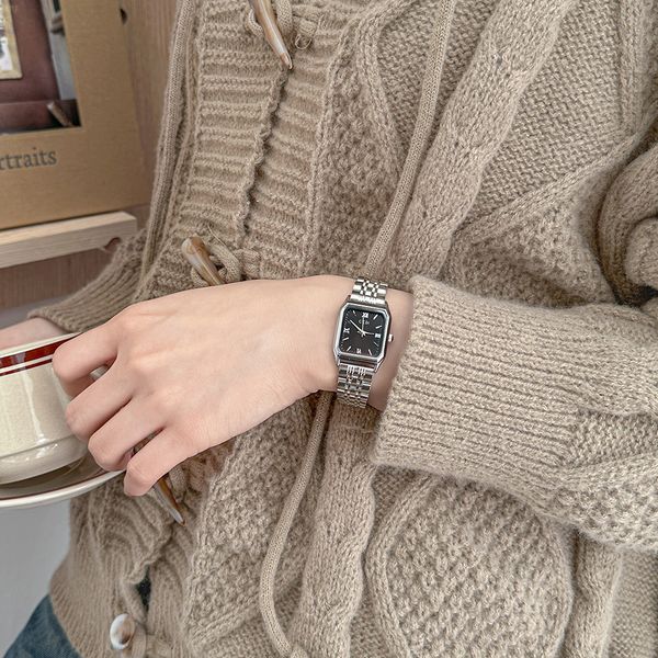 

women's watch light luxury fashion quartz stone material steel band 36mm women's small square watch aaa gift, Slivery;brown