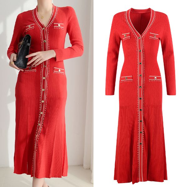 

sandro v-neck knitted slim long dress red, Black;gray
