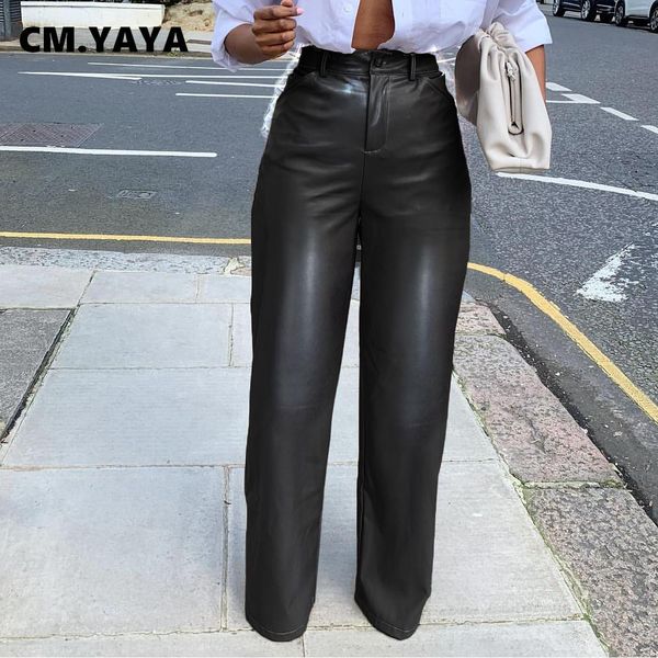 

capris cm.yaya women faux leather pu pants winter spring black high waist fashion straight trousers, Black;white