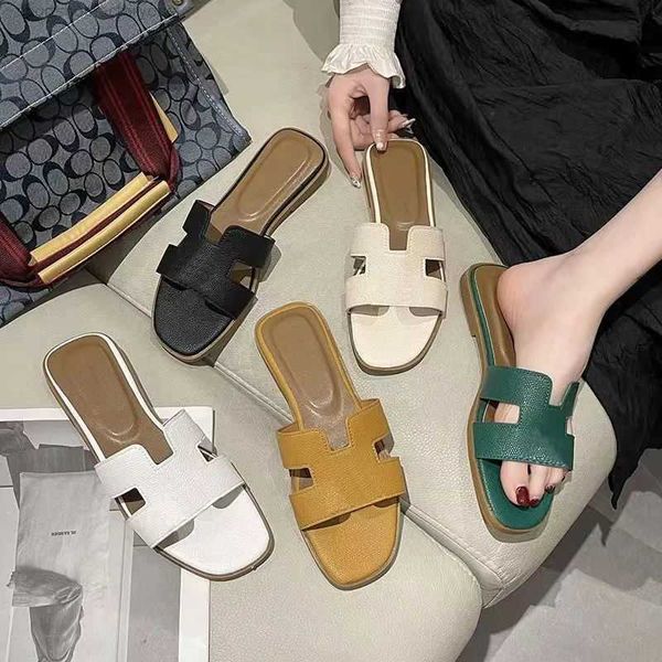 

h sandales fashion sandals leather women slippers summer luxury flat slides ladies beach sandal party wedding oran outdoor slipper, Black