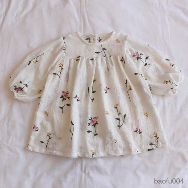 

girl's dresses toddlers kids princess dresses embroidery floral puff sleeve baby girls loose cotton dress spring children clothes, Red;yellow