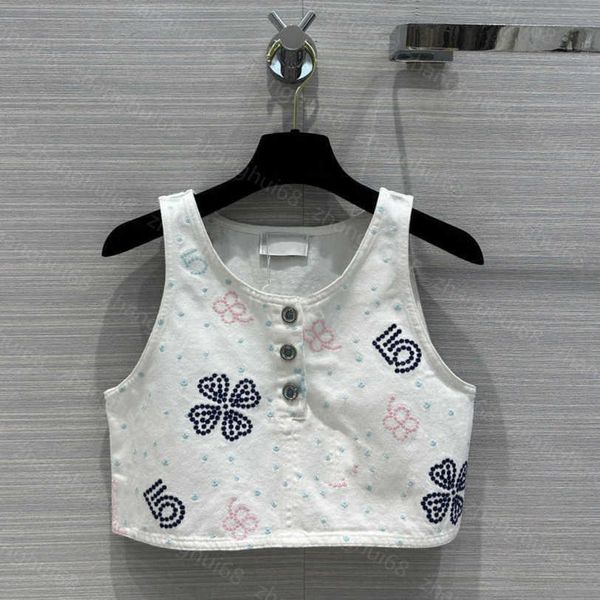 

23ss womens designer clothing vest camis tank womens tanks heavy craft camellia hollowed out embroidered denim small vest womens clothes a1, White