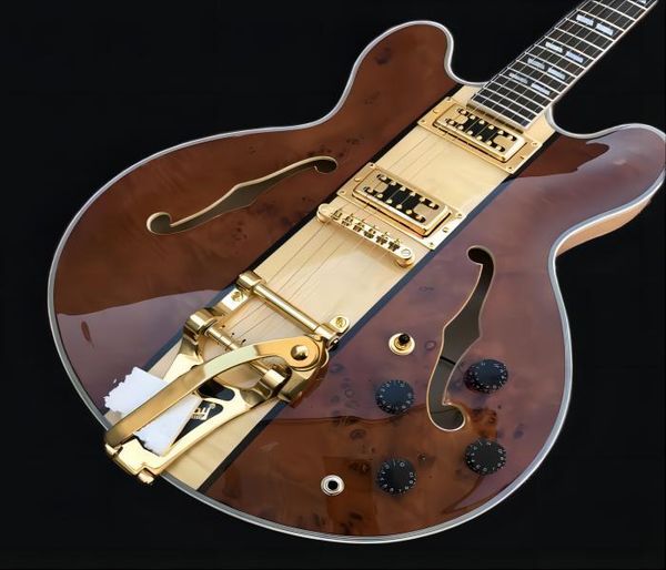 

semi hollow 5 brown electric guitar with by tremolo new custom shop