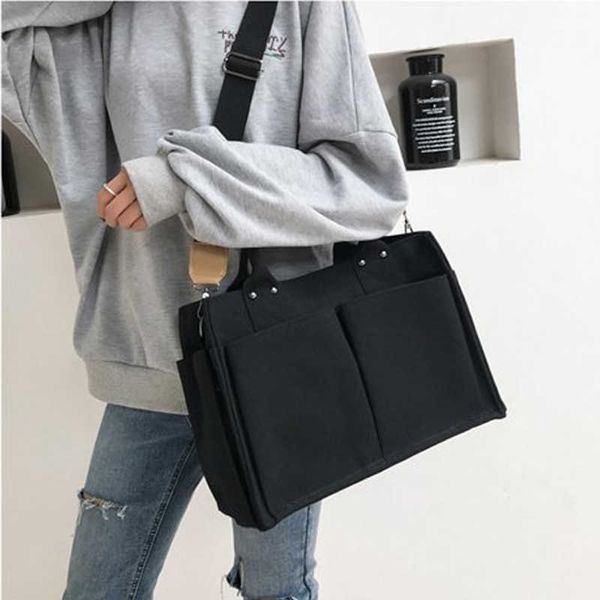 

kid casual canvas shoulder bag ladies exterior pockets crossbody bags solid thick cotton cloth purses and handbags for girls1, Black