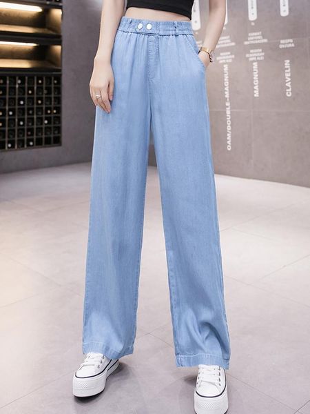 

jeans 2023 spring new denim jeans woman casual loose wide leg pants elastic waist blue female full length trousers