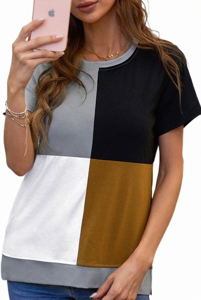 

brown colorblock t-shirt with slits 2023 new i2uf#, White