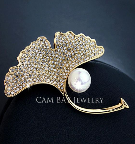 

18k gold plated micropaving setting full rhinestone and imitation shell pearl kingkao leaf brooches for weddinggift2333592, Gray