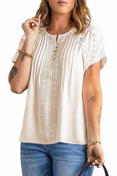 

apricot crochet eyelet short sleeves 2023 new 096z#, White