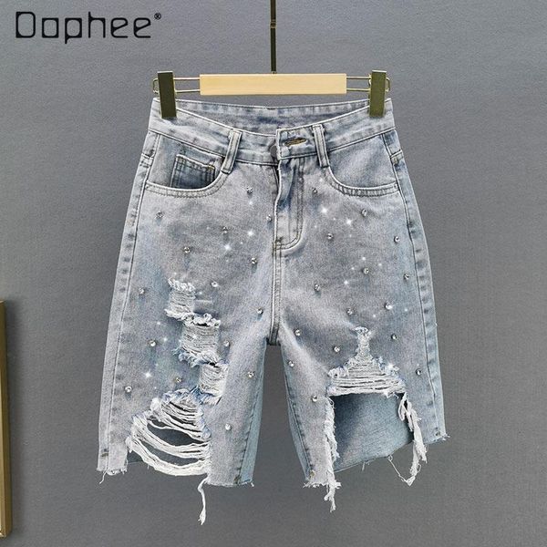 

jeans 2022 summer new diamond ripped high waist loose light blue ins trendy women fifth jeans