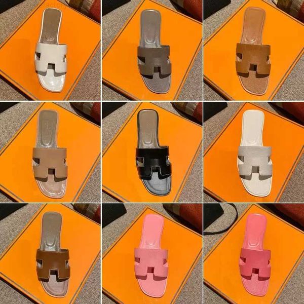 

2023 designer shoes women slippers genuine leather flat sandals summer fashion beach h letter drag nude black white brown matte women's