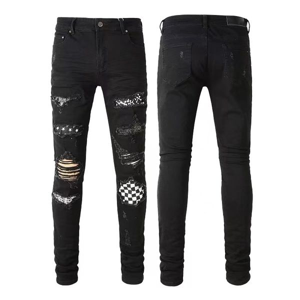 

black ripped jeans miri designer motorcycle trendy ripped patchwork hole size 30-40 streetwear all year round slim legged 21 rbxt, Blue