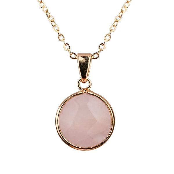 

round rose quartz powder pink crystal copper package gold edge pendant necklace fashion necklace women jewelry, Silver