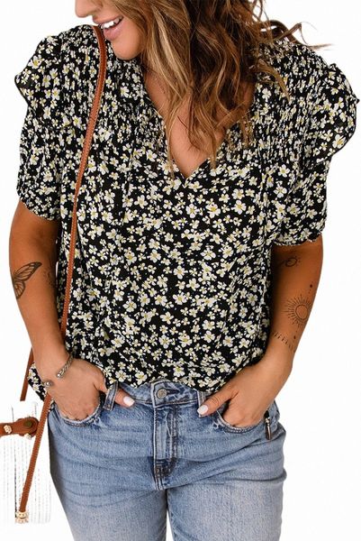 

black floral print smocked ruffled v neck t-shirt z83h#, White