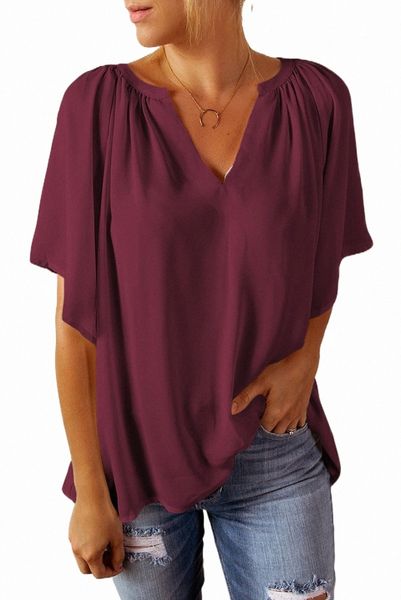 

red split neck pleated loose 2023 new z8rd#, White